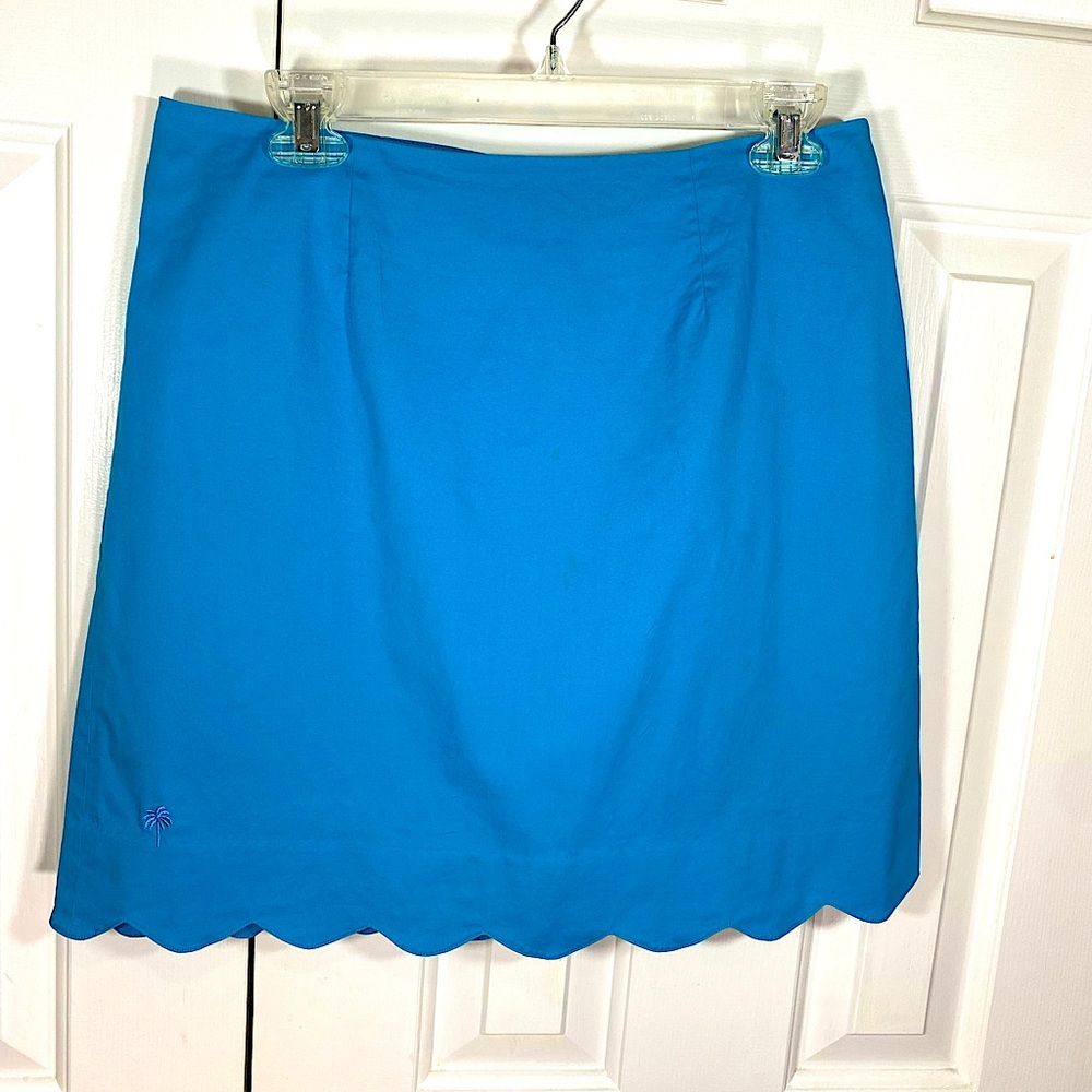 LillyPulitzer vintage bright blue scalloped hem. white label palm detail skirt 8